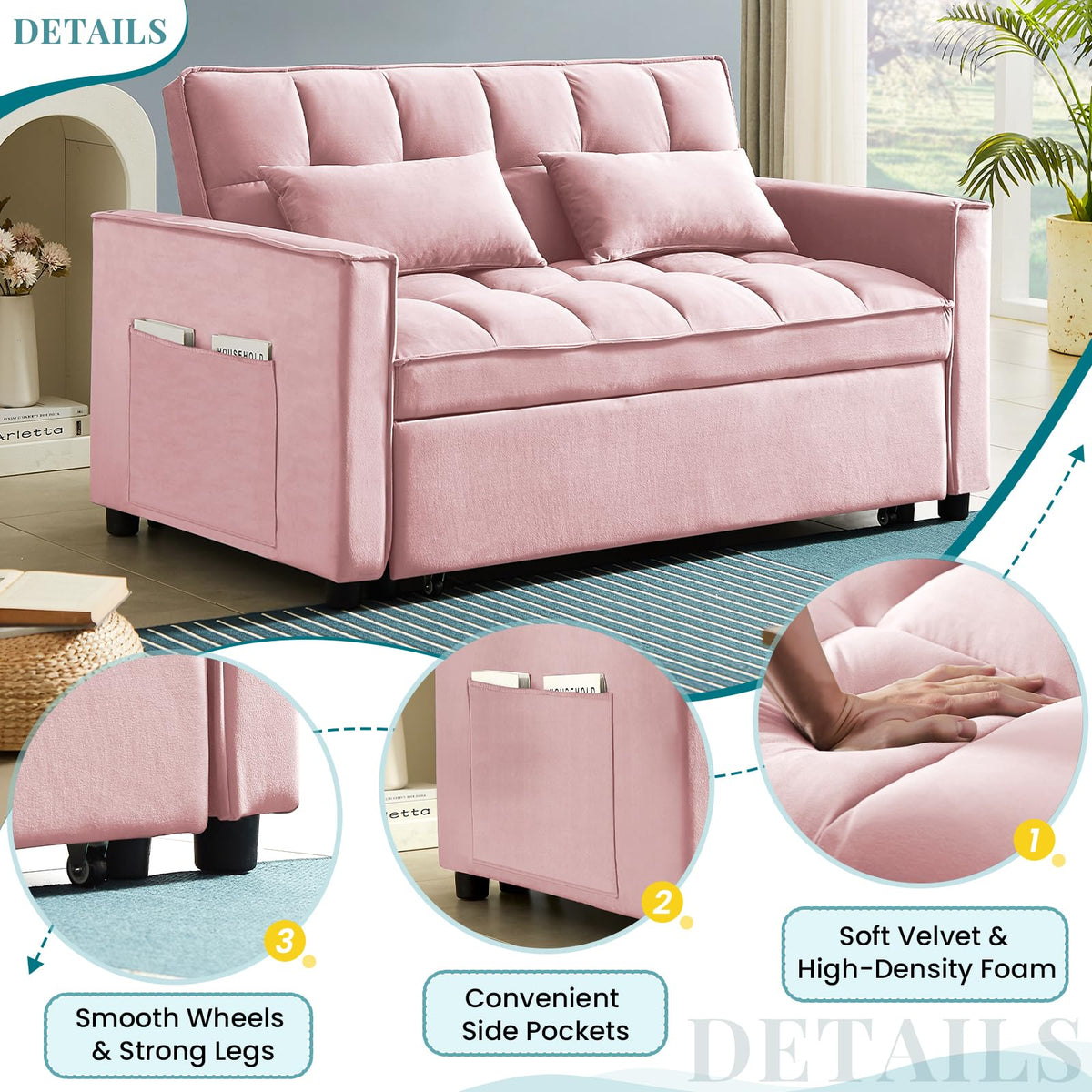 Pink Velvet Convertible Sleeper Sofa Bed P2364
