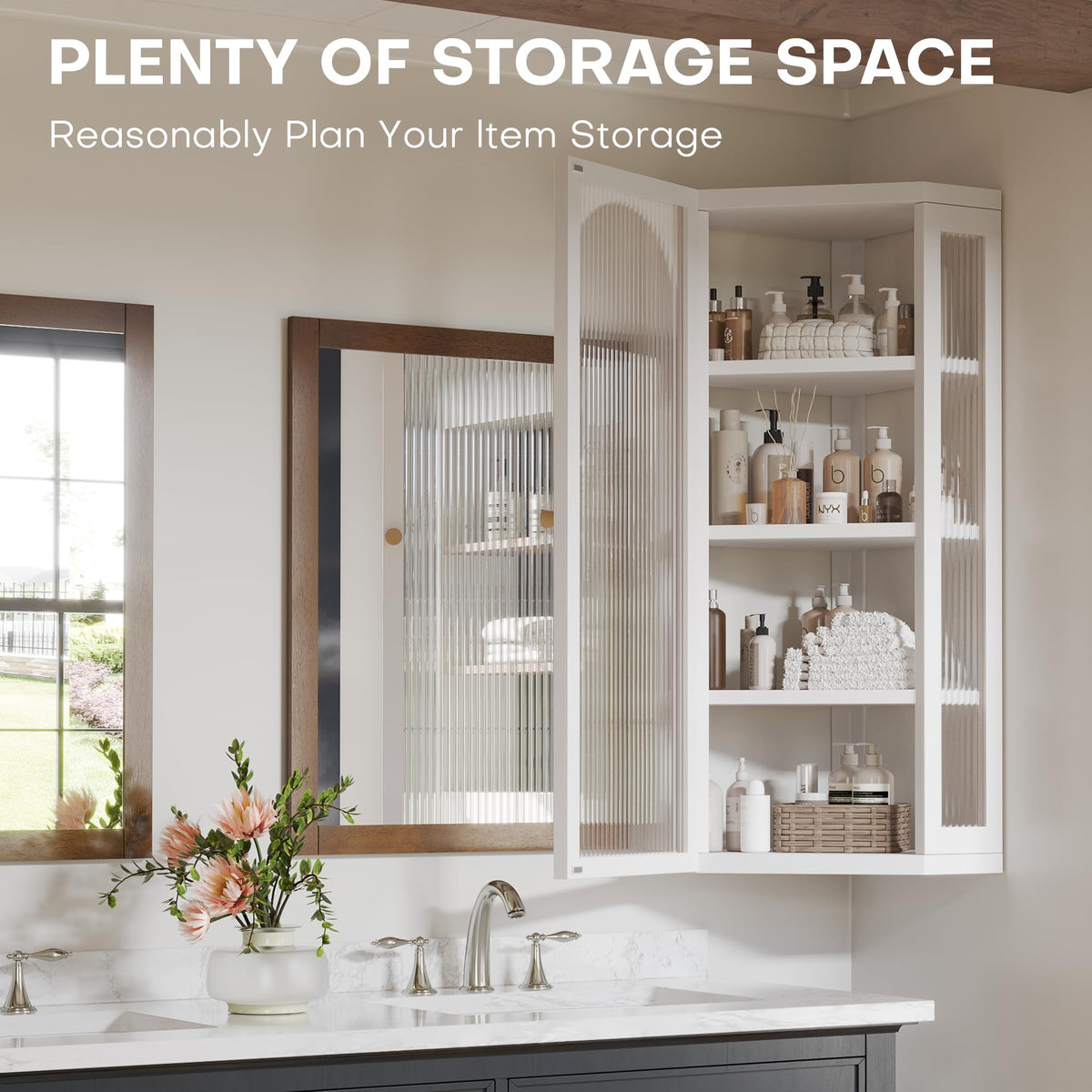 White Metal Corner Wall Cabinet with Glass Doors and Shelves N6426