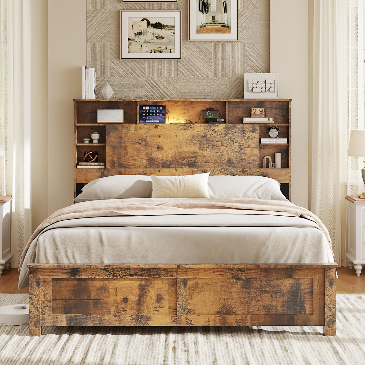 Full Size Storage Headboard Charging Station LED Platform Bed Frame D948936