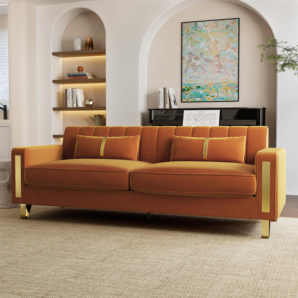 Orange 3-Seater Velvet Loveseat with 2 Pillows N912