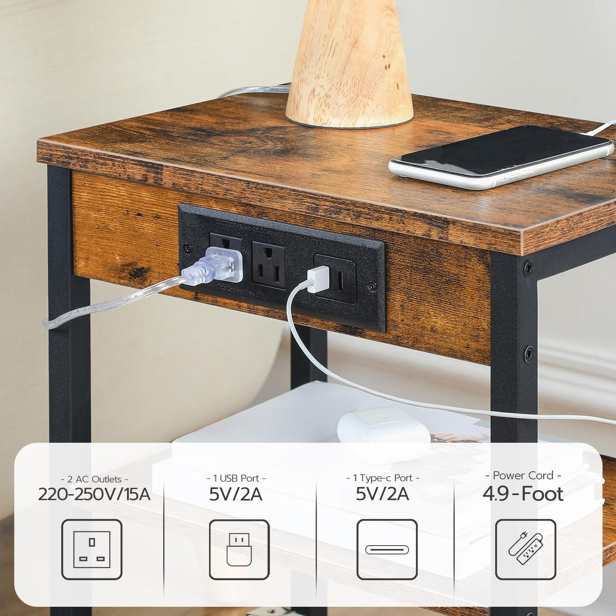 Side Table with Charging Station and USB Port, 3-Tier Nightstand with Adjustable Shelf, Rustic Brown I665