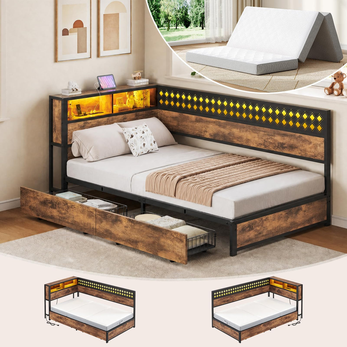 Twin Corner Bed Frame with Mattress and 2 Storage Drawers Q280309