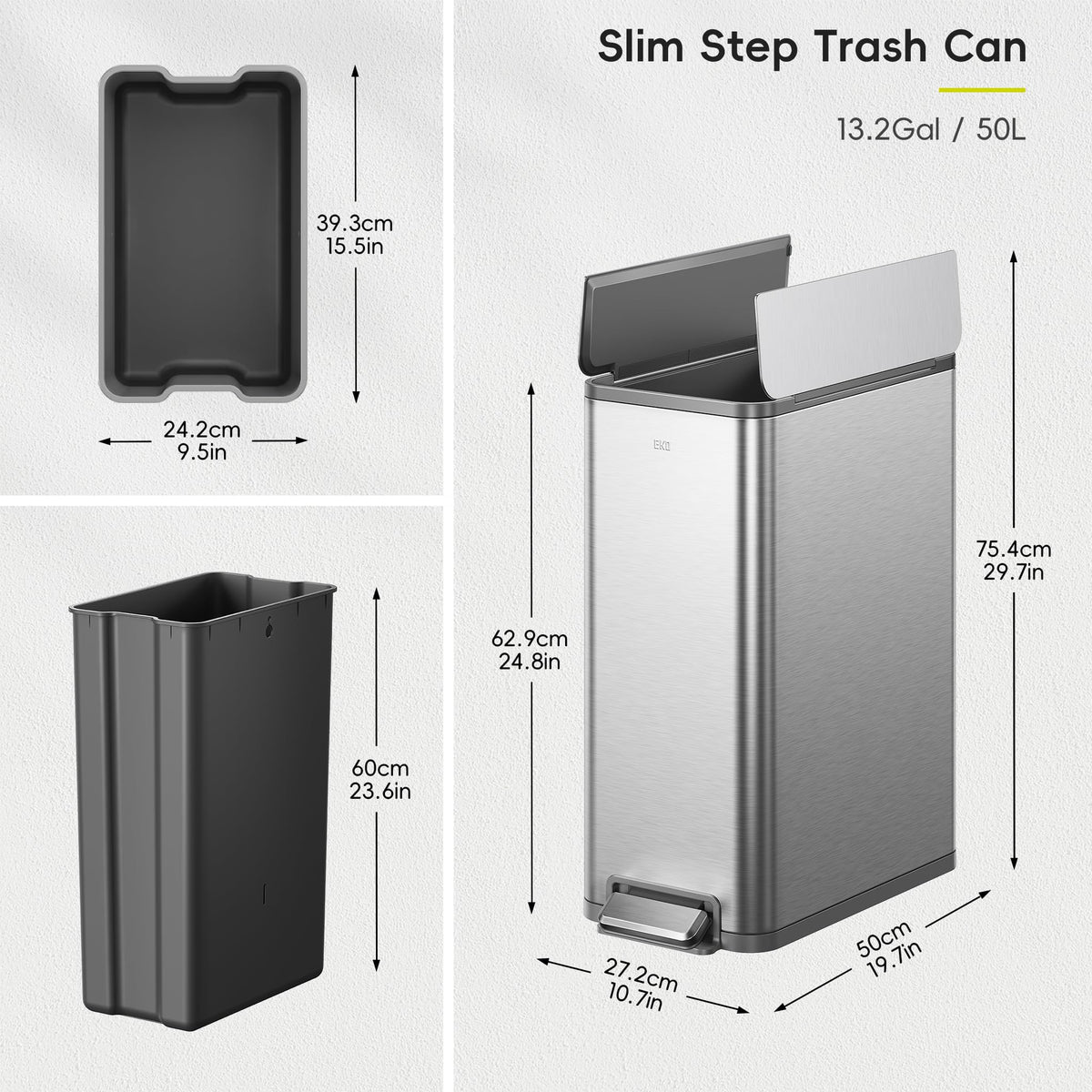 50L Stainless Steel Slim Step Trash Can U2384