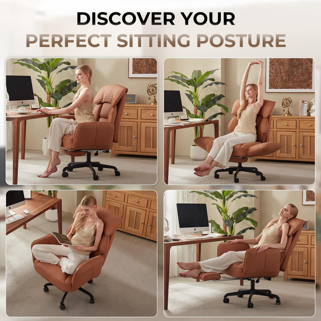 Brown Cross Legged Office Chair with Footrest and Metal Base J283