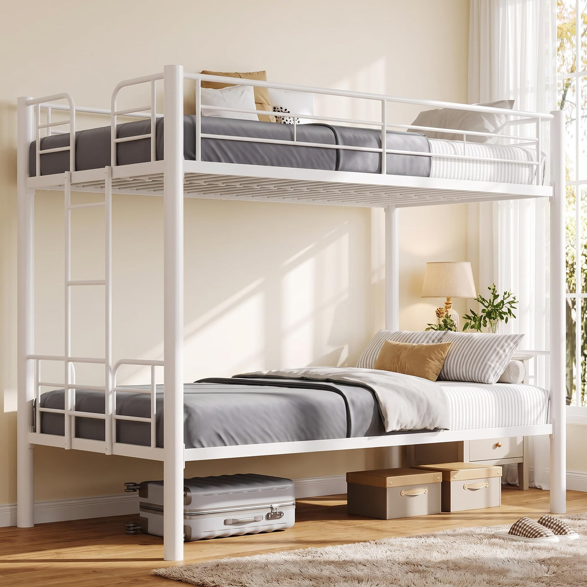 Metal Bunk Bed Twin Over Twin with Ladder and Guardrail D214660