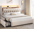 Beige Velvet Upholstered Platform Bed Frame with 2 Storage Drawers C459260