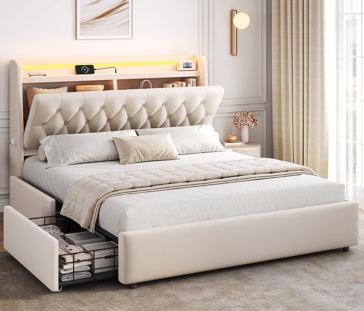 Beige Velvet Upholstered Platform Bed Frame with 2 Storage Drawers C459260