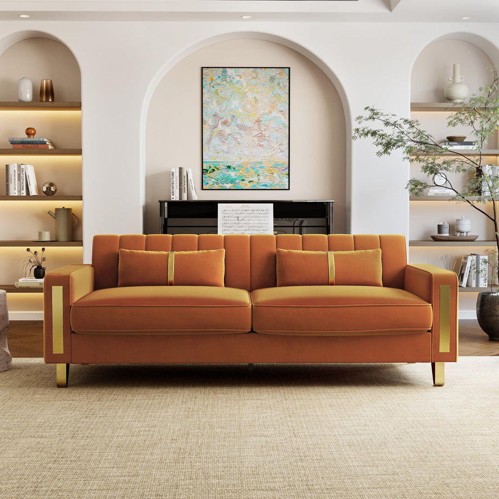 Orange 3-Seater Velvet Loveseat with 2 Pillows N912