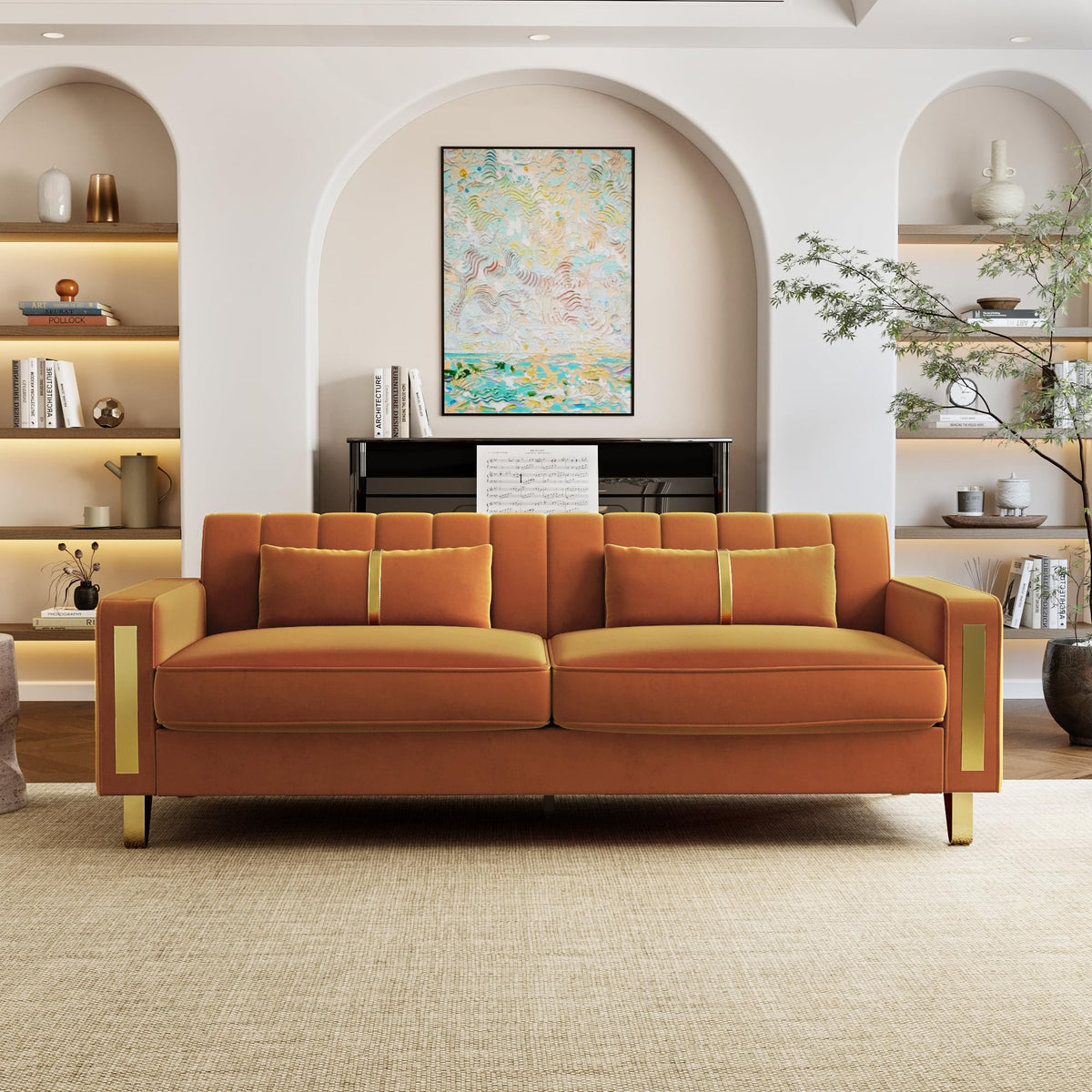 Orange 3-Seater Velvet Loveseat with 2 Pillows N912