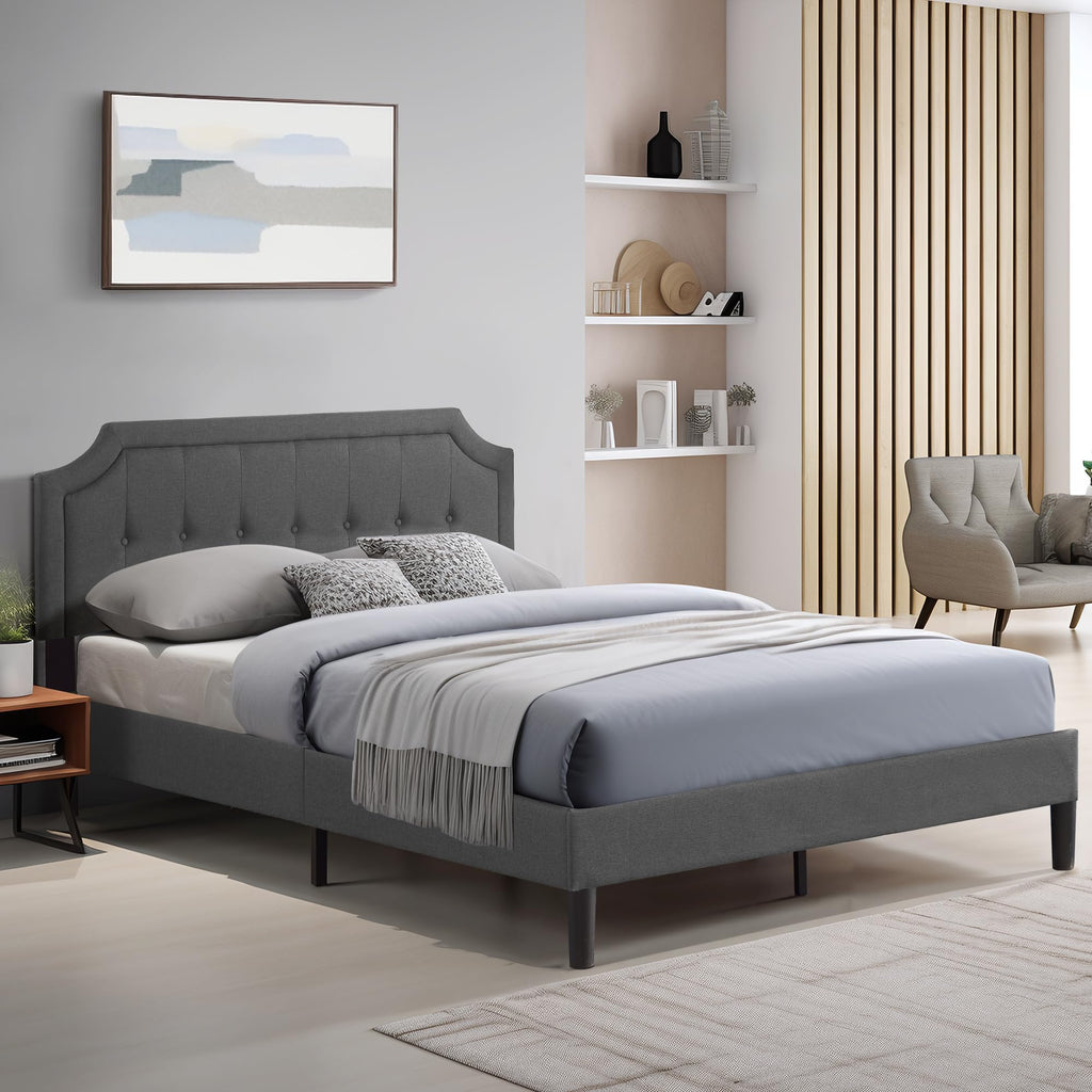 Queen Size Fabric Upholstered Platform Bed Frame with Wooden Slats P809