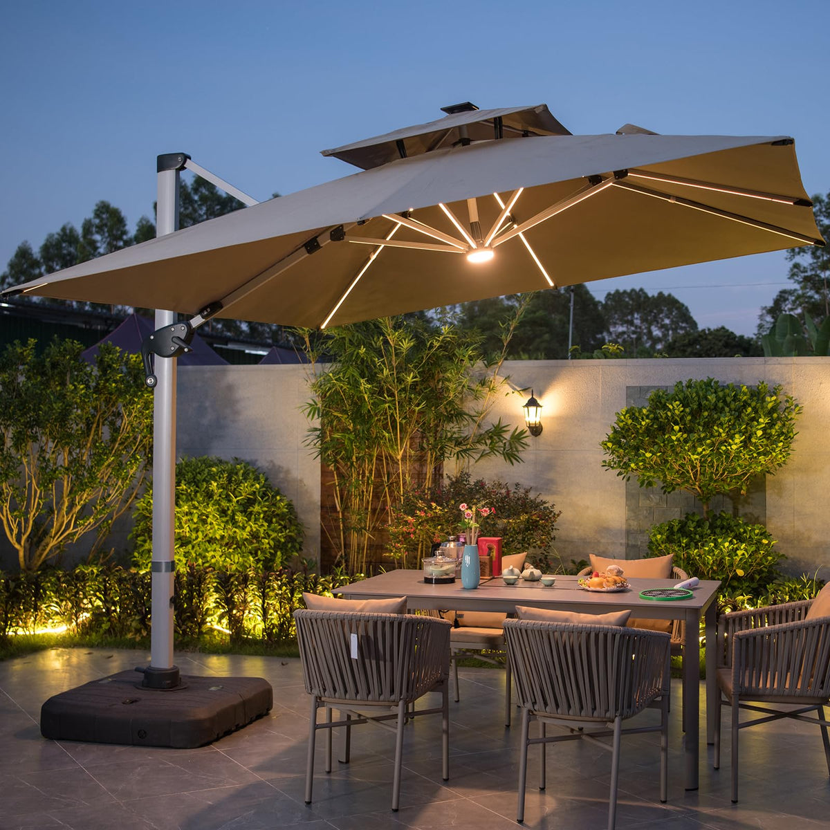 10 FT Square Cantilever Patio Umbrella with Solar LED Lights and Cross Base, Khaki E4312