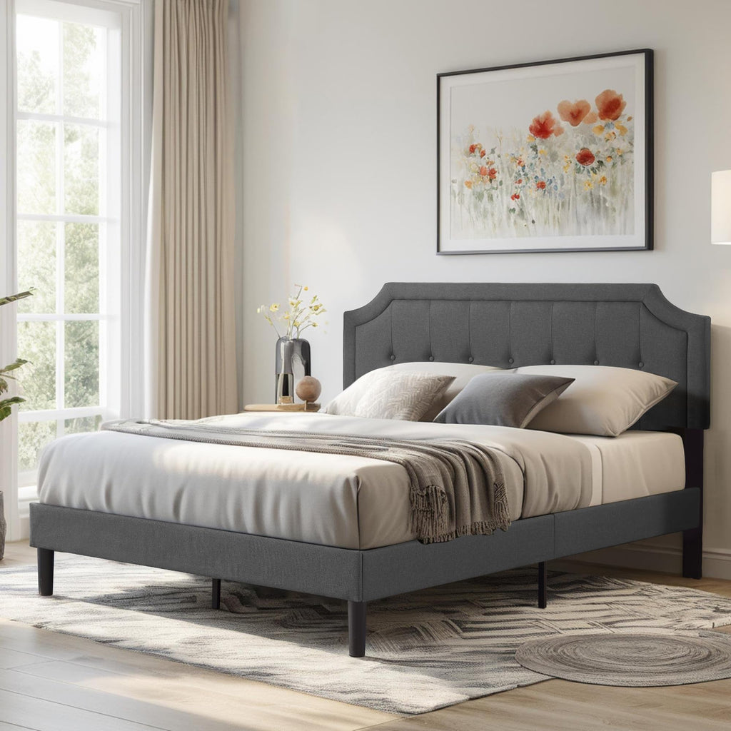 Queen Size Fabric Upholstered Platform Bed Frame with Wooden Slats P809