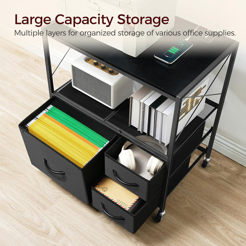 Black 3 Drawer File Cabinet with Charging Station P3358