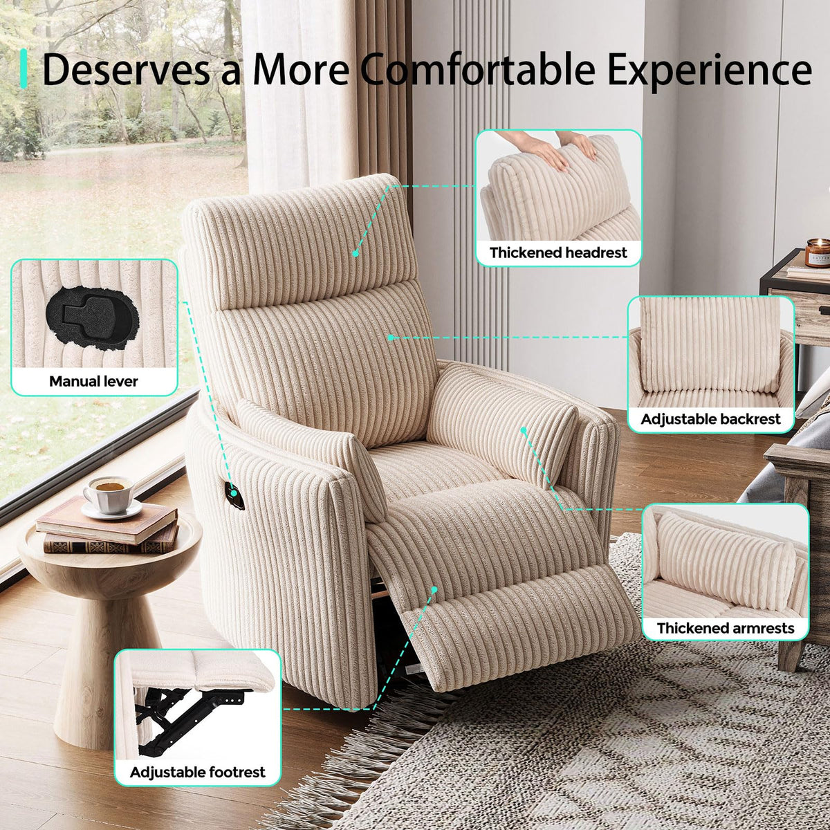 360 Swivel Recliner Chair with 2 Pillows Beige Corduroy P8300