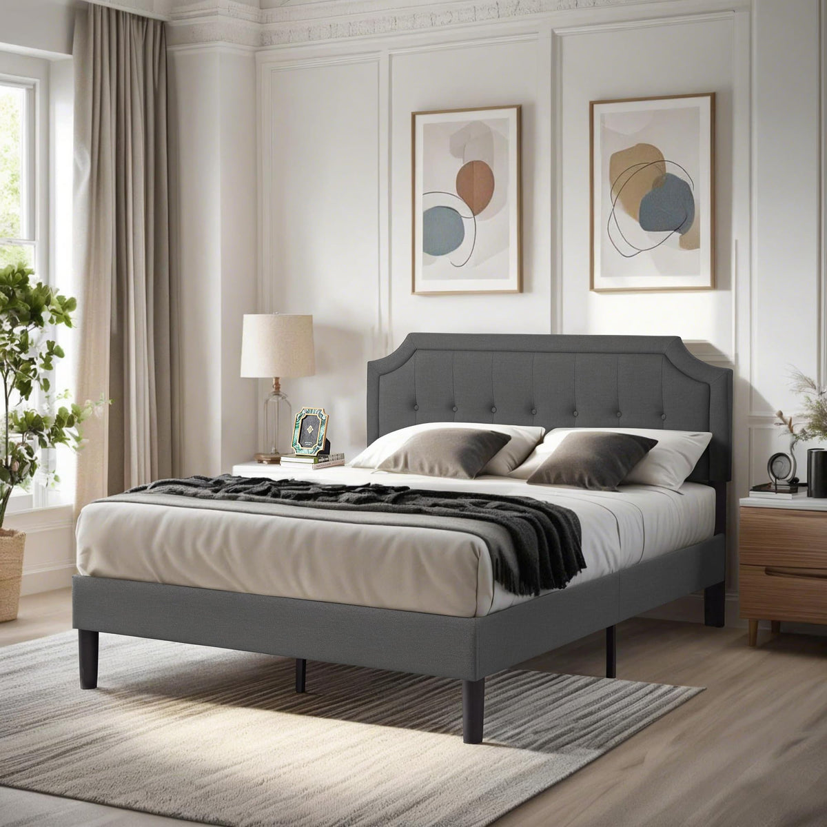 Queen Size Fabric Upholstered Platform Bed Frame with Wooden Slats P809
