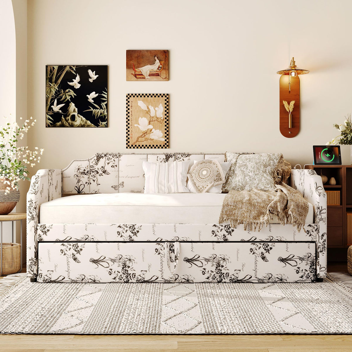 Twin Size Linen Upholstered Daybed with Trundle R1332