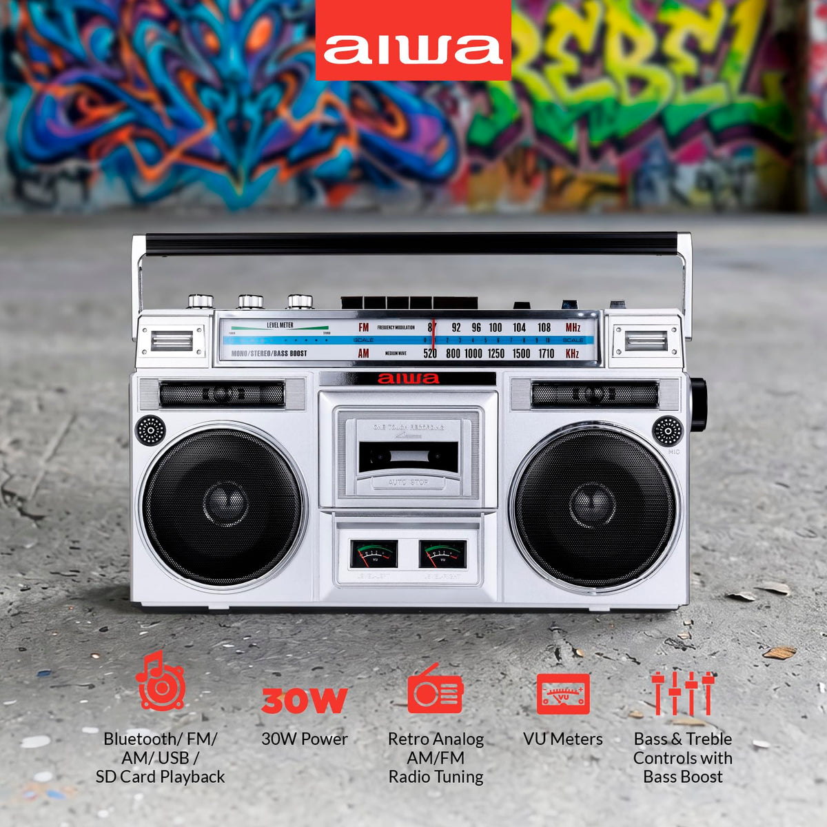 Portable Retro Boombox Bluetooth Speaker with Cassette Player V6482