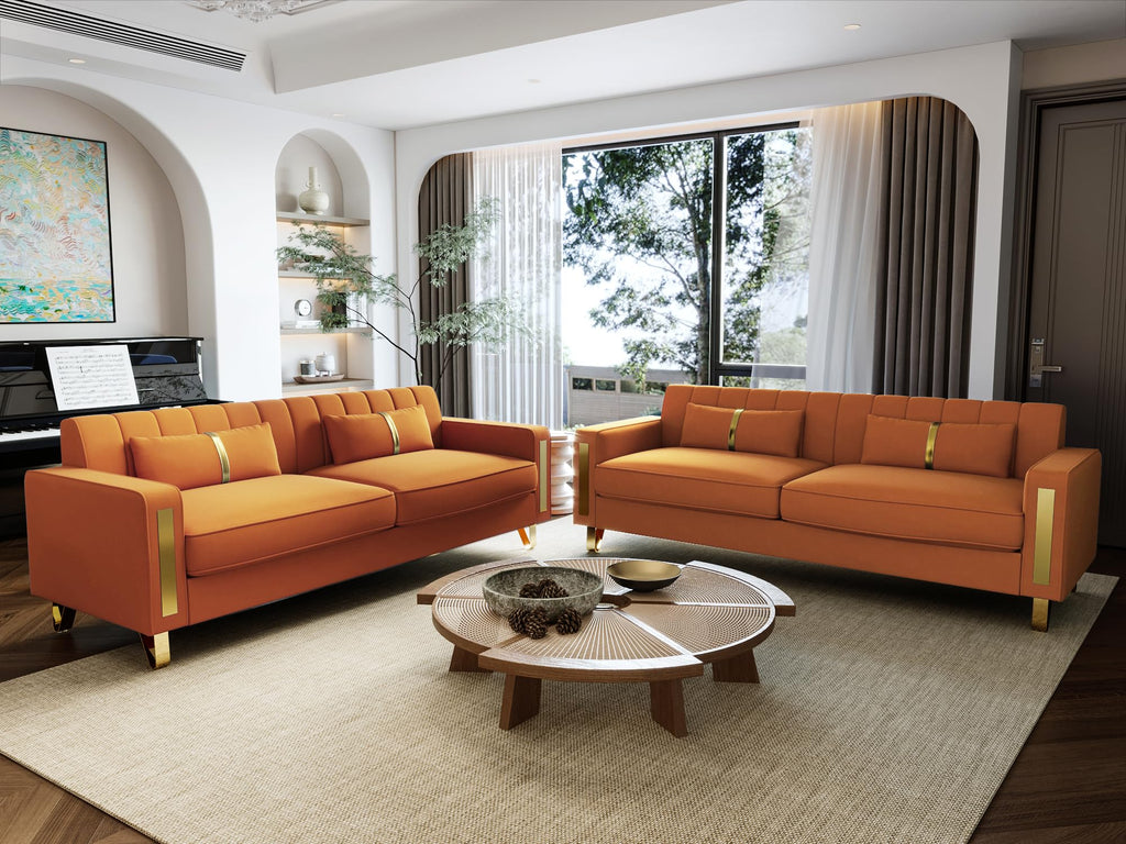 Orange 3-Seater Velvet Loveseat with 2 Pillows N912