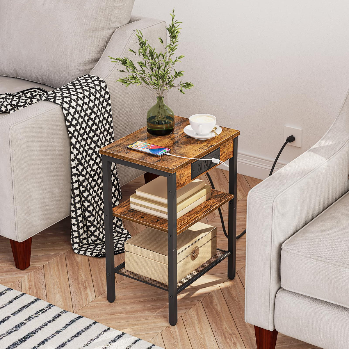 Side Table with Charging Station and USB Port, 3-Tier Nightstand with Adjustable Shelf, Rustic Brown I665