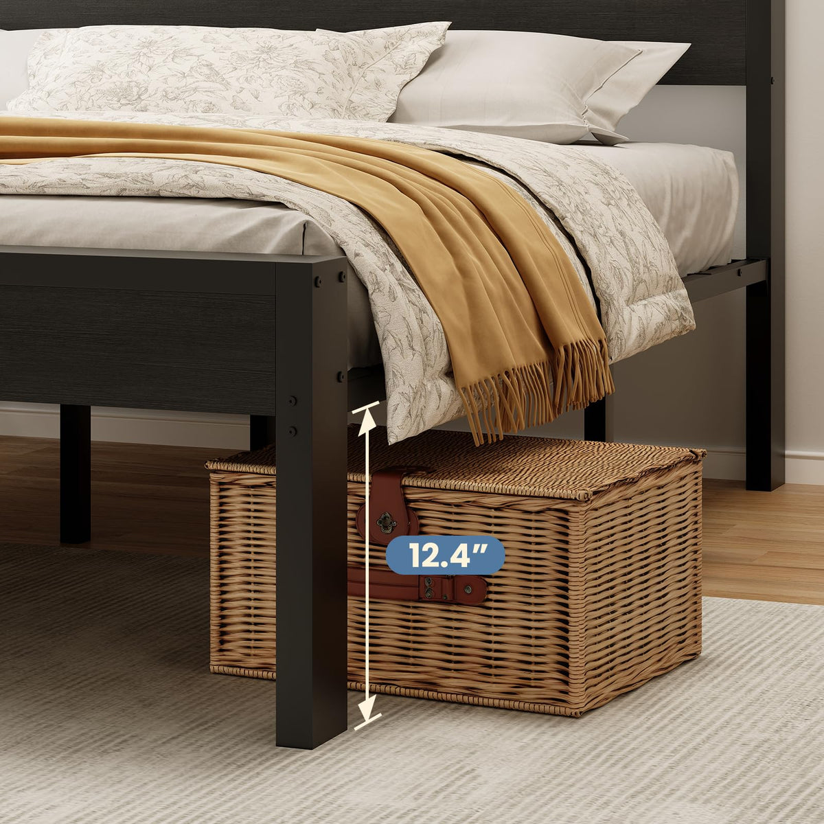 Black Twin Metal Bed Frame with Wooden Headboard and Footboard P4175
