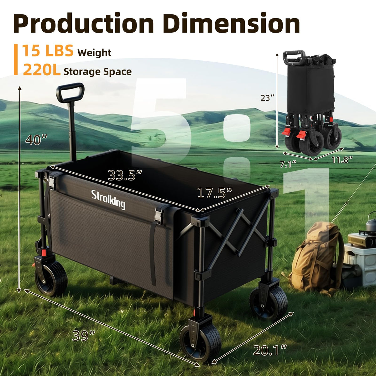 220L Collapsible Heavy Duty Folding Wagon Cart with All-Terrain Wheels Y5463