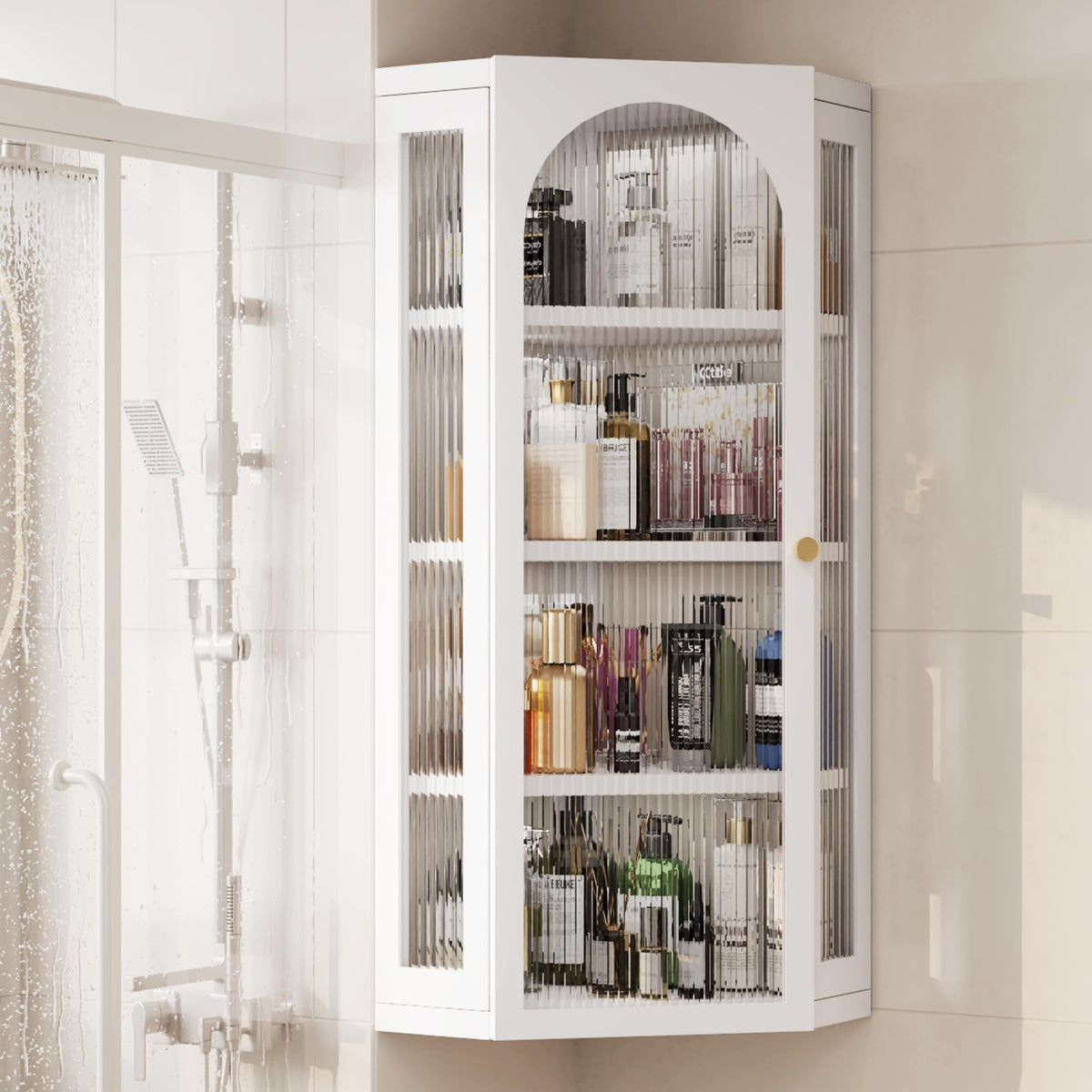 White Metal Corner Wall Cabinet with Glass Doors and Shelves N6426