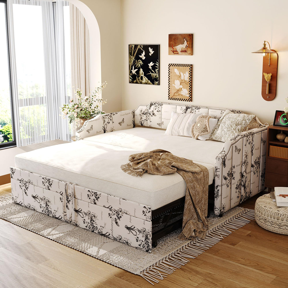 Twin Size Linen Upholstered Daybed with Trundle R1332