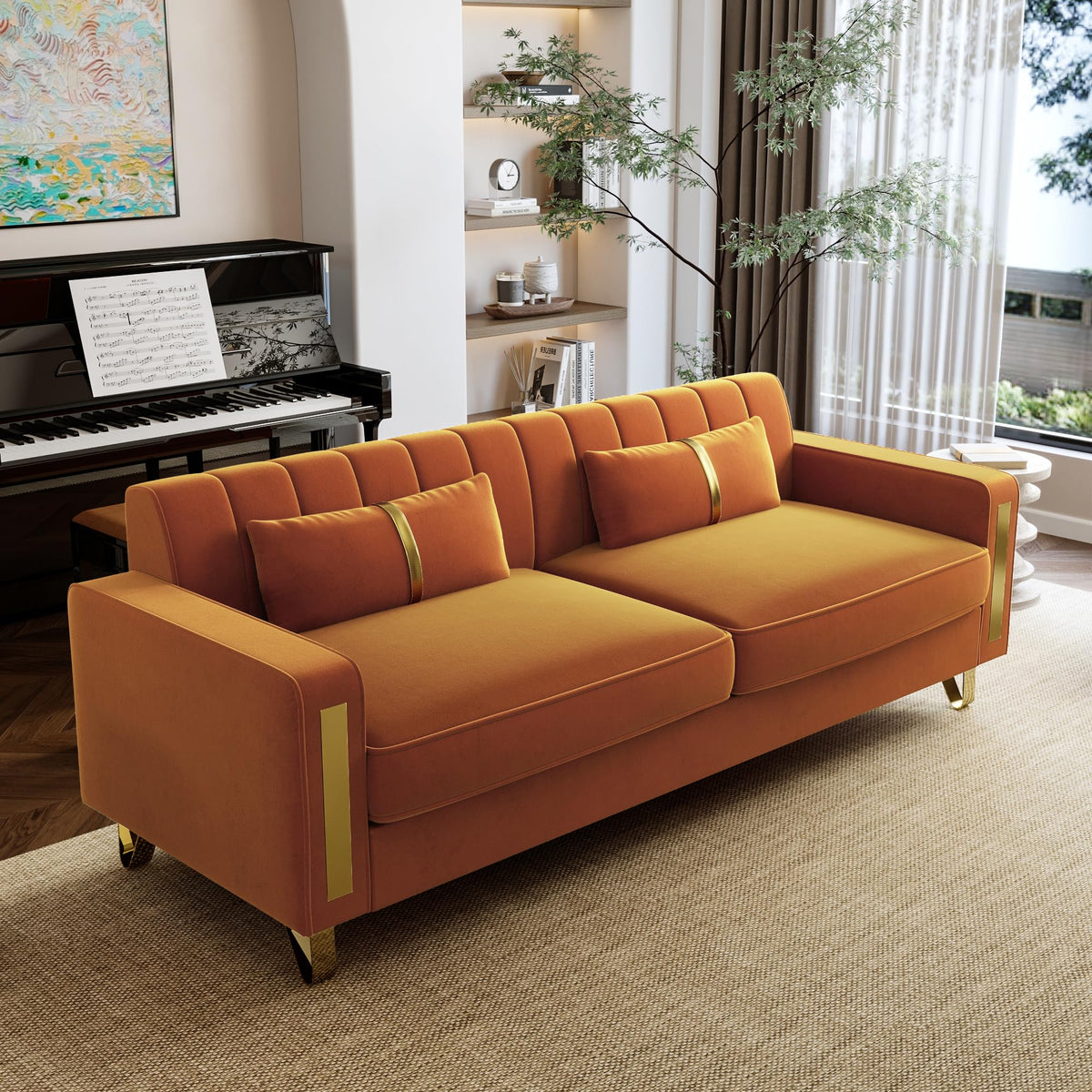 Orange 3-Seater Velvet Loveseat with 2 Pillows N912