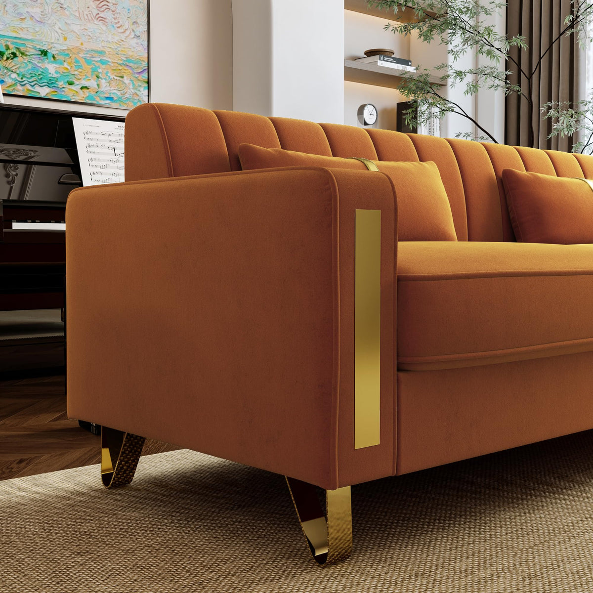 Orange 3-Seater Velvet Loveseat with 2 Pillows N912