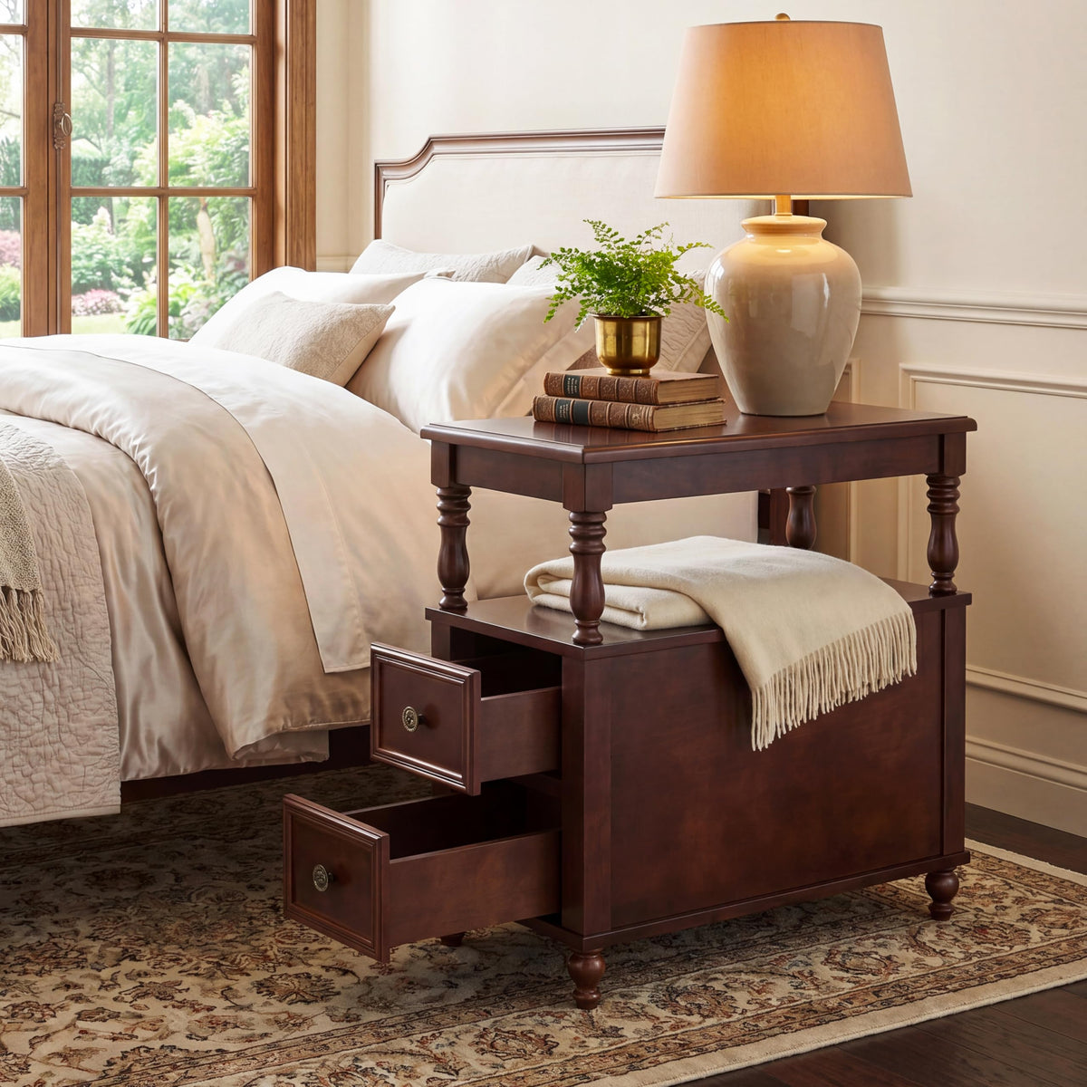 Solid Wood End Table with 2 Drawers and 2-Tier Open Shelf I958800