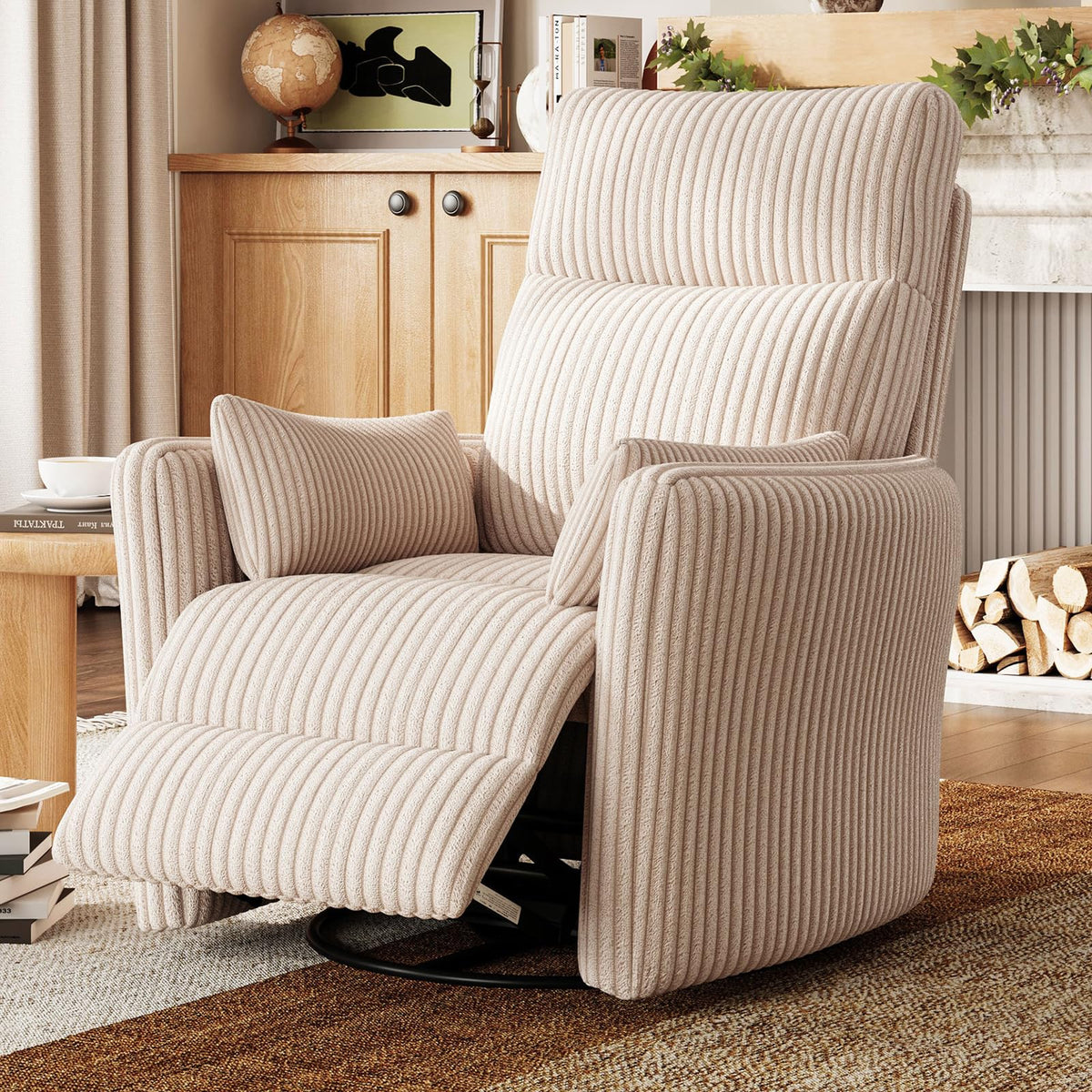 360 Swivel Recliner Chair with 2 Pillows Beige Corduroy P8300