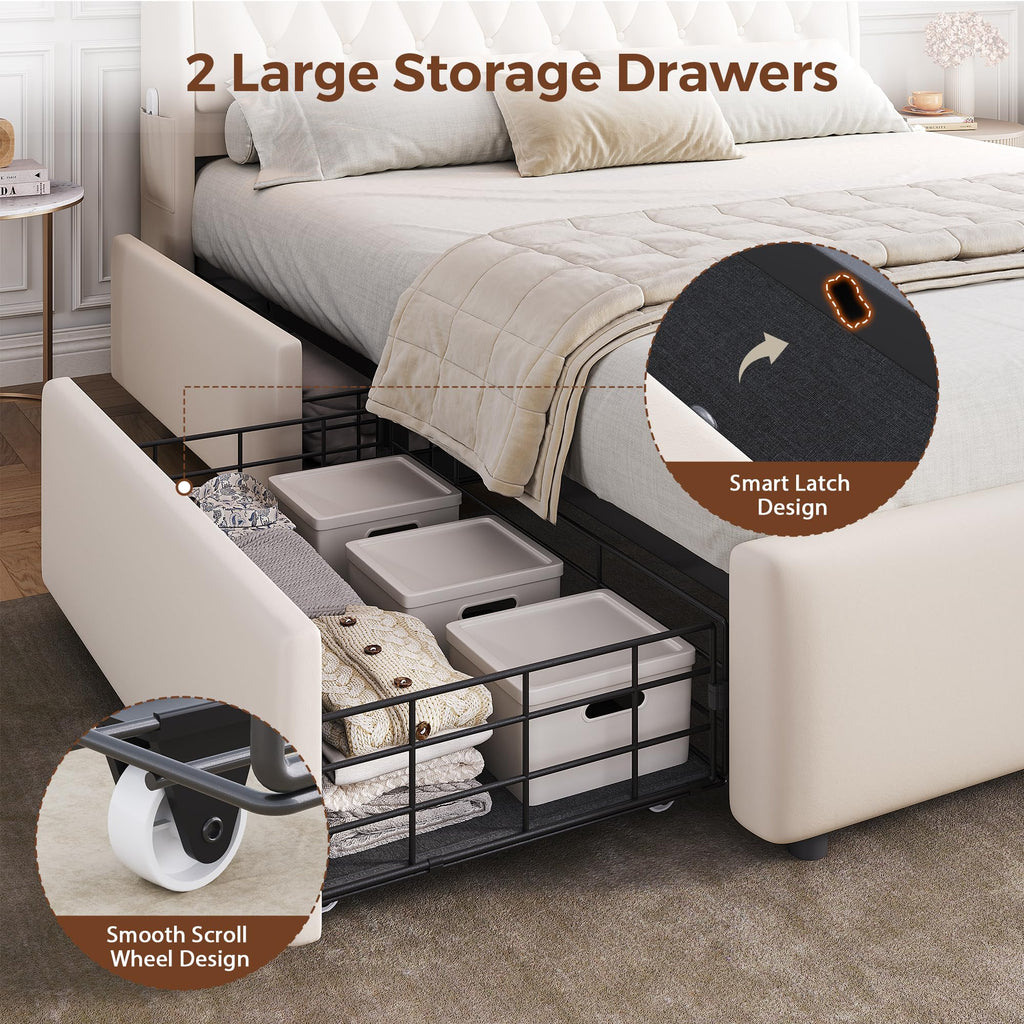 Beige Velvet Upholstered Platform Bed Frame with 2 Storage Drawers C459260