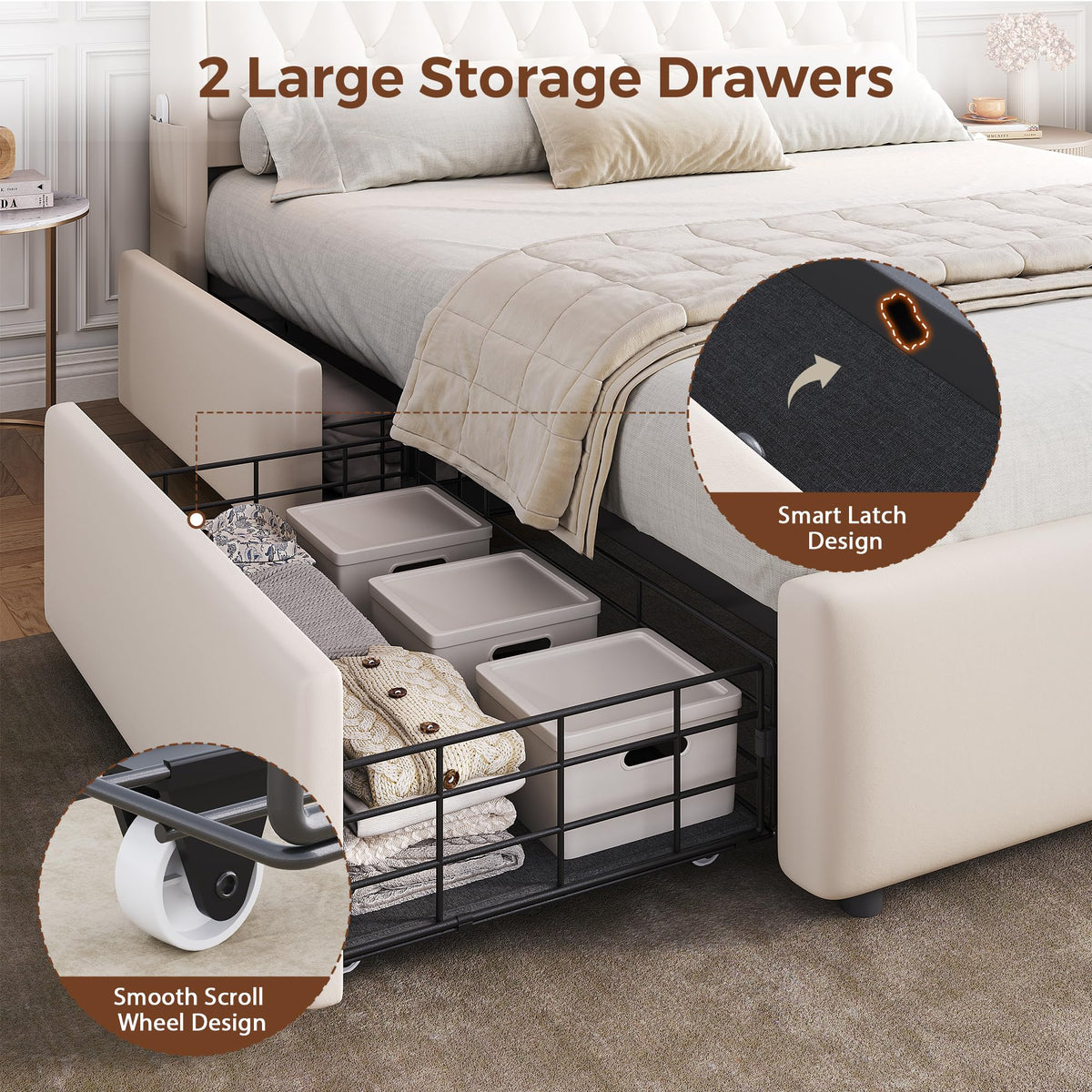Beige Velvet Upholstered Platform Bed Frame with 2 Storage Drawers C459260