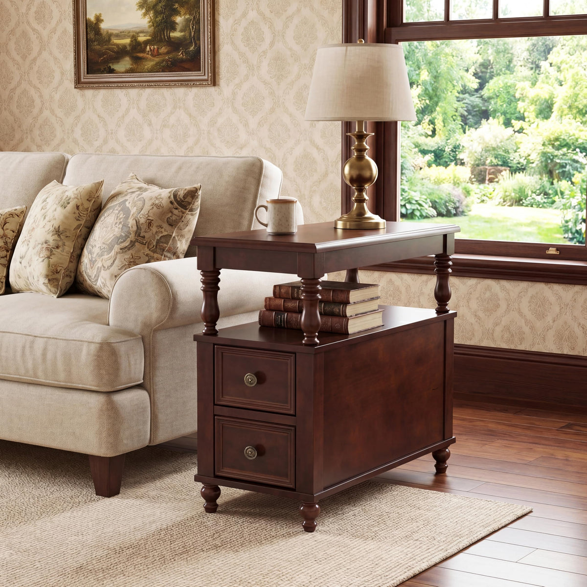 Solid Wood End Table with 2 Drawers and 2-Tier Open Shelf I958800