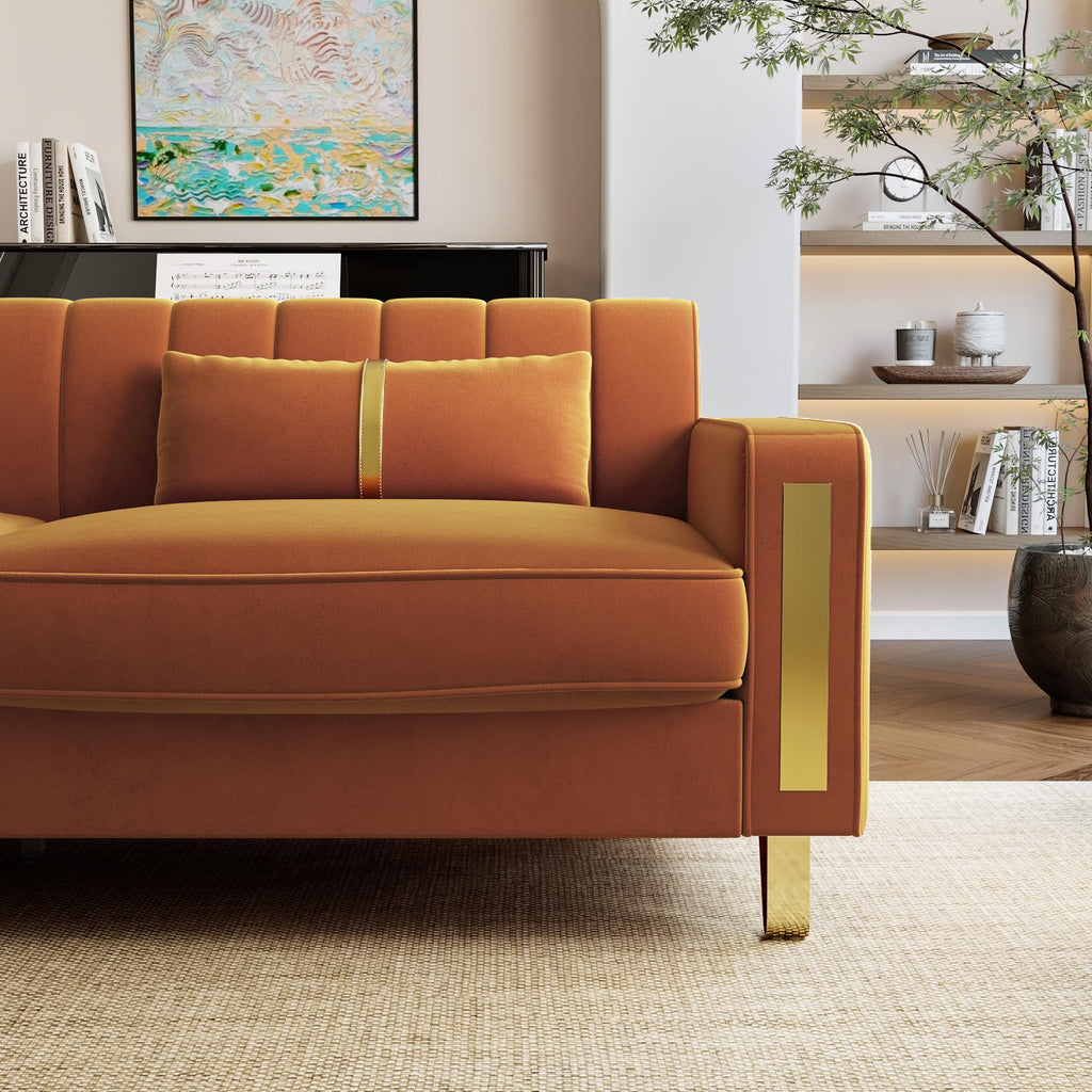 Orange 3-Seater Velvet Loveseat with 2 Pillows N912